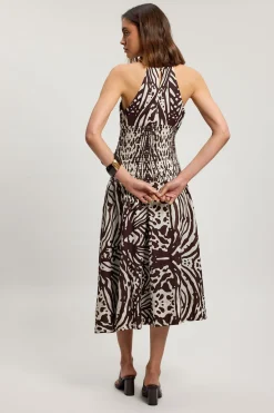 Robe Midi Tissée À Imprimé Animalier Froncée Avec Col En V Et Détail De Finition