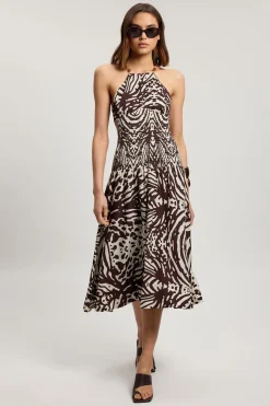 Robe Midi Tissée À Imprimé Animalier Froncée Avec Col En V Et Détail De Finition