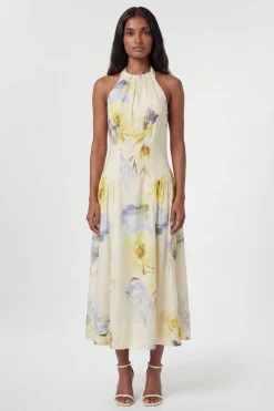 KarenMillen Robe Midi Tissée À Imprimé Floral Bleu Avec Col Licou À Bretelles<Femme Robes Mi-Longues|Robes