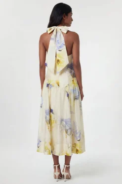 KarenMillen Robe Midi Tissée À Imprimé Floral Bleu Avec Col Licou À Bretelles<Femme Robes Mi-Longues|Robes