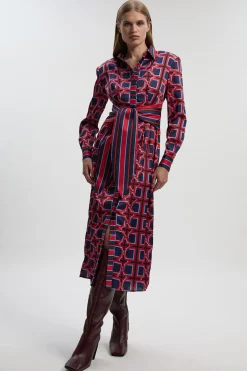 KarenMillen Robe Midi Tissée à Imprimé Géométrique en Satin Martelé avec Ceinture à Nouer<Femme Robes Mi-Longues|Satin Et Dentelle