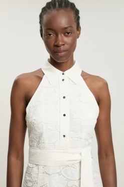 KarenMillen Robe Midi Tissée Petite À Col Licou Avec Détail De Liens Et Broderie Anglaise En Coton<Femme Toutes Les Robes|Robes