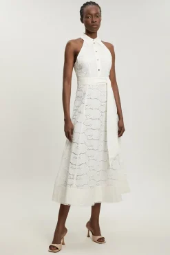 KarenMillen Robe Midi Tissée Petite À Col Licou Avec Détail De Liens Et Broderie Anglaise En Coton<Femme Toutes Les Robes|Robes