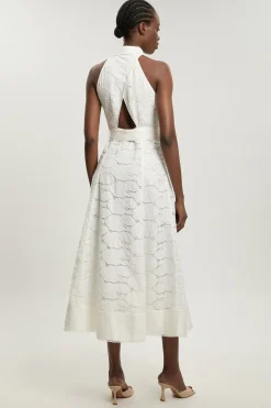 KarenMillen Robe Midi Tissée Petite À Col Licou Avec Détail De Liens Et Broderie Anglaise En Coton<Femme Toutes Les Robes|Robes