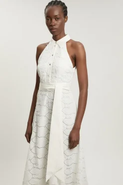 KarenMillen Robe Midi Tissée Petite À Col Licou Avec Détail De Liens Et Broderie Anglaise En Coton<Femme Toutes Les Robes|Robes