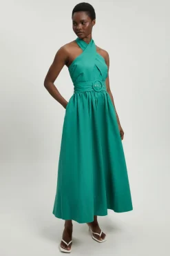 Robe Midi Tissée Petite En Popeline De Coton À Encolure Croisée Licou
