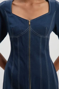Robe Midi Tissée Petite En Tencel Et Coton Avec Surpiqûres Contrastées Et Fermeture Éclair Devant