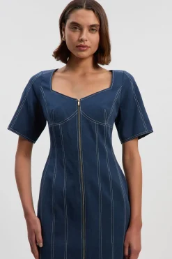 Robe Midi Tissée Petite En Tencel Et Coton Avec Surpiqûres Contrastées Et Fermeture Éclair Devant