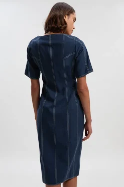 Robe Midi Tissée Petite En Tencel Et Coton Avec Surpiqûres Contrastées Et Fermeture Éclair Devant