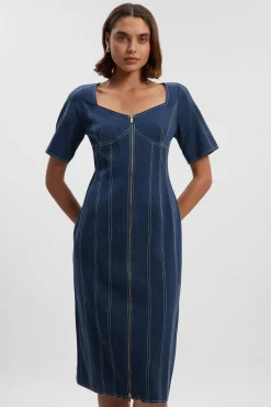 Robe Midi Tissée Petite En Tencel Et Coton Avec Surpiqûres Contrastées Et Fermeture Éclair Devant
