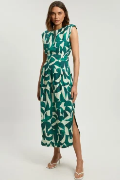 Robe Midi Tissée À Plis Nervurés En Viscose Lin Imprimé Géométrique