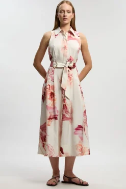 Robe Midi Tissée Premium En Viscose Lin À Col Licou Avec Surpiqûres Florales Et Détail Anneau En D