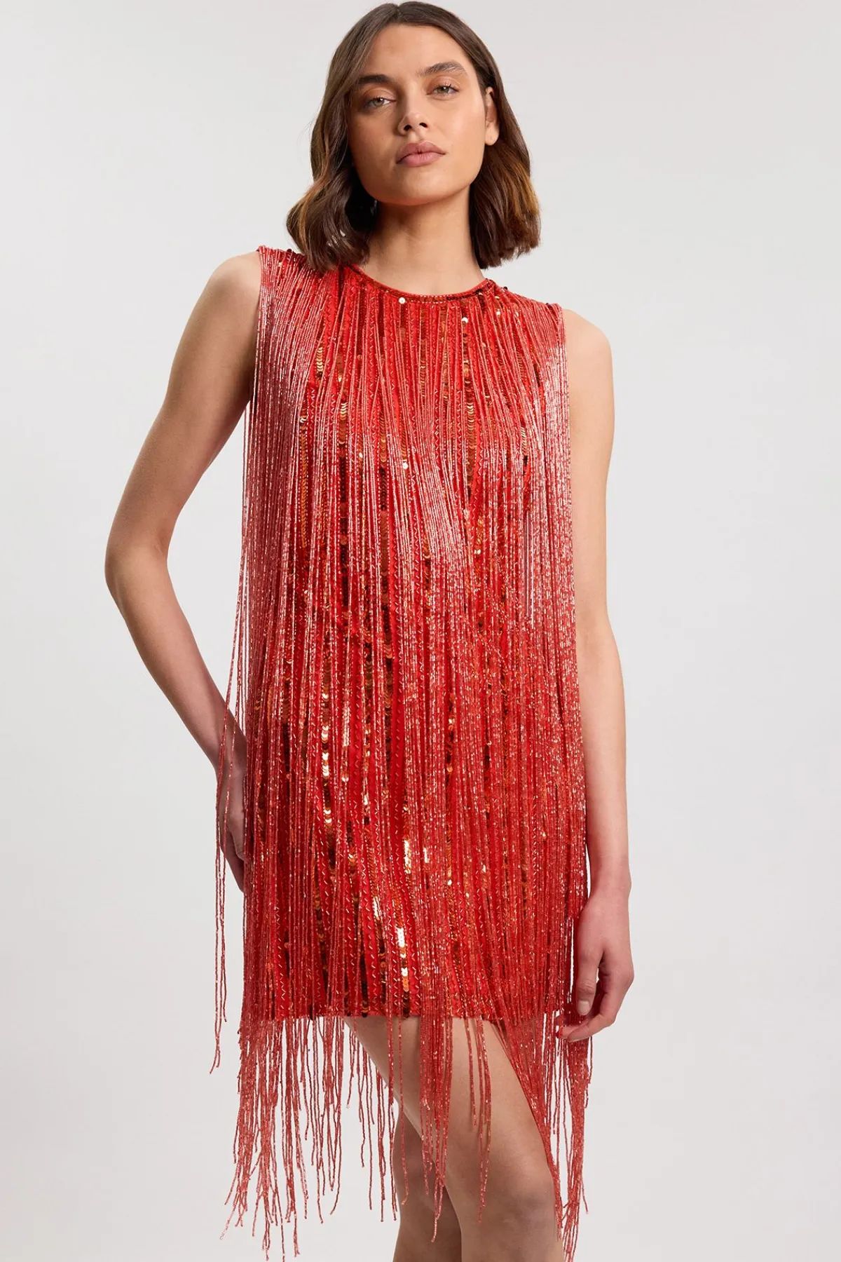 KarenMillen Robe midi tissée sans manches à franges perlées<Femme Robes Mi-Longues|Robes