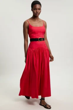 Robe Midi Tissée À Taille Basse Avec Ceinture En Viscose Et Lin
