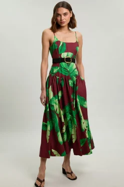 KarenMillen Robe Midi Tissée À Taille Basse Avec Ceinture En Viscose Lin Motif Palmiers<Femme Robes|Robes Mi-Longues