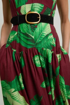 KarenMillen Robe Midi Tissée À Taille Basse Avec Ceinture En Viscose Lin Motif Palmiers<Femme Robes|Robes Mi-Longues