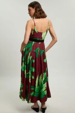 Robe Midi Tissée À Taille Basse Ceinturée En Viscose Lin Motif Palmiers Petite