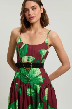 Robe Midi Tissée À Taille Basse Ceinturée En Viscose Lin Motif Palmiers Petite