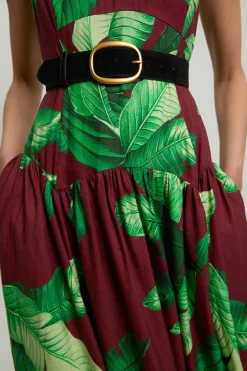 Robe Midi Tissée À Taille Basse Ceinturée En Viscose Lin Motif Palmiers Petite