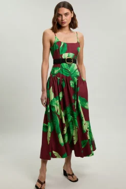Robe Midi Tissée À Taille Basse Ceinturée En Viscose Lin Motif Palmiers Petite
