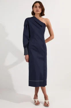 KarenMillen Robe Midi Tissée Une Épaule en Popeline de Coton avec Détails de Surpiqûres<Femme Robes Mi-Longues|Robes À Manches Longues
