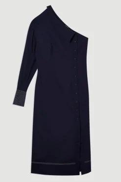 KarenMillen Robe Midi Tissée Une Épaule en Popeline de Coton avec Détails de Surpiqûres<Femme Robes Mi-Longues|Robes À Manches Longues
