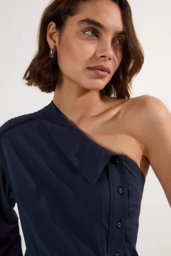 KarenMillen Robe Midi Tissée Une Épaule en Popeline de Coton avec Détails de Surpiqûres<Femme Robes Mi-Longues|Robes À Manches Longues