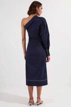 KarenMillen Robe Midi Tissée Une Épaule en Popeline de Coton avec Détails de Surpiqûres<Femme Robes Mi-Longues|Robes À Manches Longues