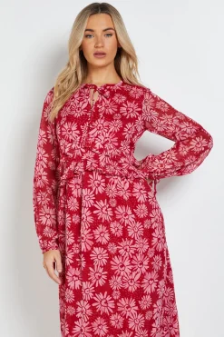 Robe Midi Trapèze Imprimée à Col Noué et Détails Volantés Motif Marguerites Roses