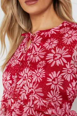 Robe Midi Trapèze Imprimée à Col Noué et Détails Volantés Motif Marguerites Roses