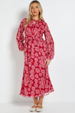 Robe Midi Trapèze Imprimée à Col Noué et Détails Volantés Motif Marguerites Roses
