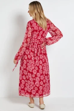Robe Midi Trapèze Imprimée à Col Noué et Détails Volantés Motif Marguerites Roses