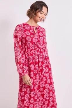 Robe Midi Trapèze Imprimée à Marguerites Roses avec Col Noué et Détails Volantés