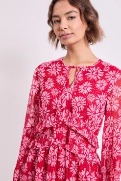 Robe Midi Trapèze Imprimée à Marguerites Roses avec Col Noué et Détails Volantés