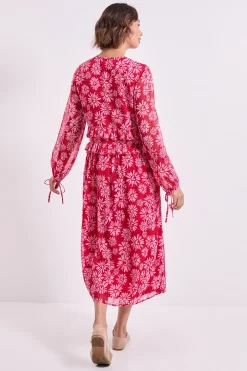 Robe Midi Trapèze Imprimée à Marguerites Roses avec Col Noué et Détails Volantés