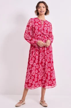 Robe Midi Trapèze Imprimée à Marguerites Roses avec Col Noué et Détails Volantés
