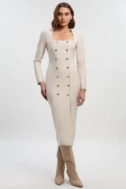 Robe Midi Tricot Blazer Militaire à Boutons Mélange Tissé Forme Ajustée