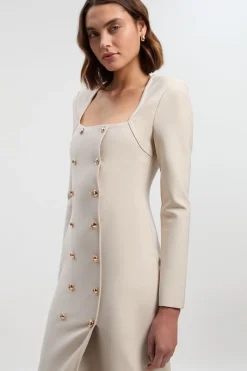 Robe Midi Tricot Blazer Militaire à Boutons Mélange Tissé Forme Ajustée
