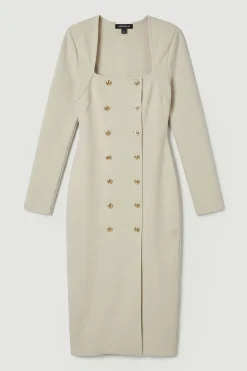 Robe Midi Tricot Blazer Militaire à Boutons Mélange Tissé Forme Ajustée