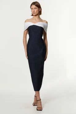 Robe Midi Tricotée à Bandeau avec Détails Contrastants