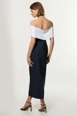 Robe Midi Tricotée à Bandeau avec Détails Contrastants