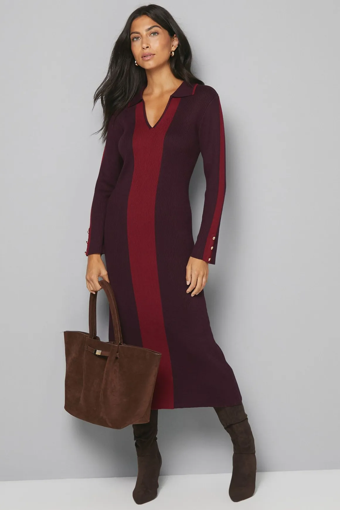 Robe Midi Tricotée à Blocs de Couleurs