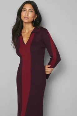 Robe Midi Tricotée à Blocs de Couleurs