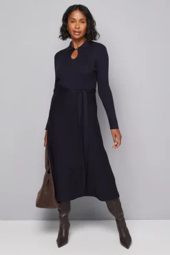 Robe Midi Tricotée à Col Trou de Serrure et Ceinture