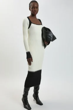 Robe Midi Tricotée À Côtes Décalées Et Blocs De Couleur