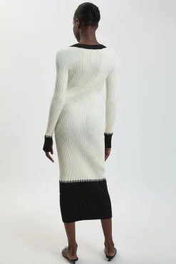 Robe Midi Tricotée À Côtes Décalées Et Blocs De Couleur