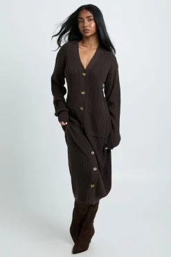 Robe Midi Tricotée Douce À Boutons