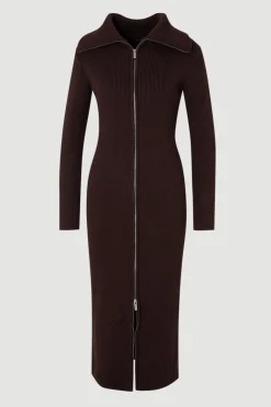 Robe Midi Tricotée En Coton Avec Col Zippé