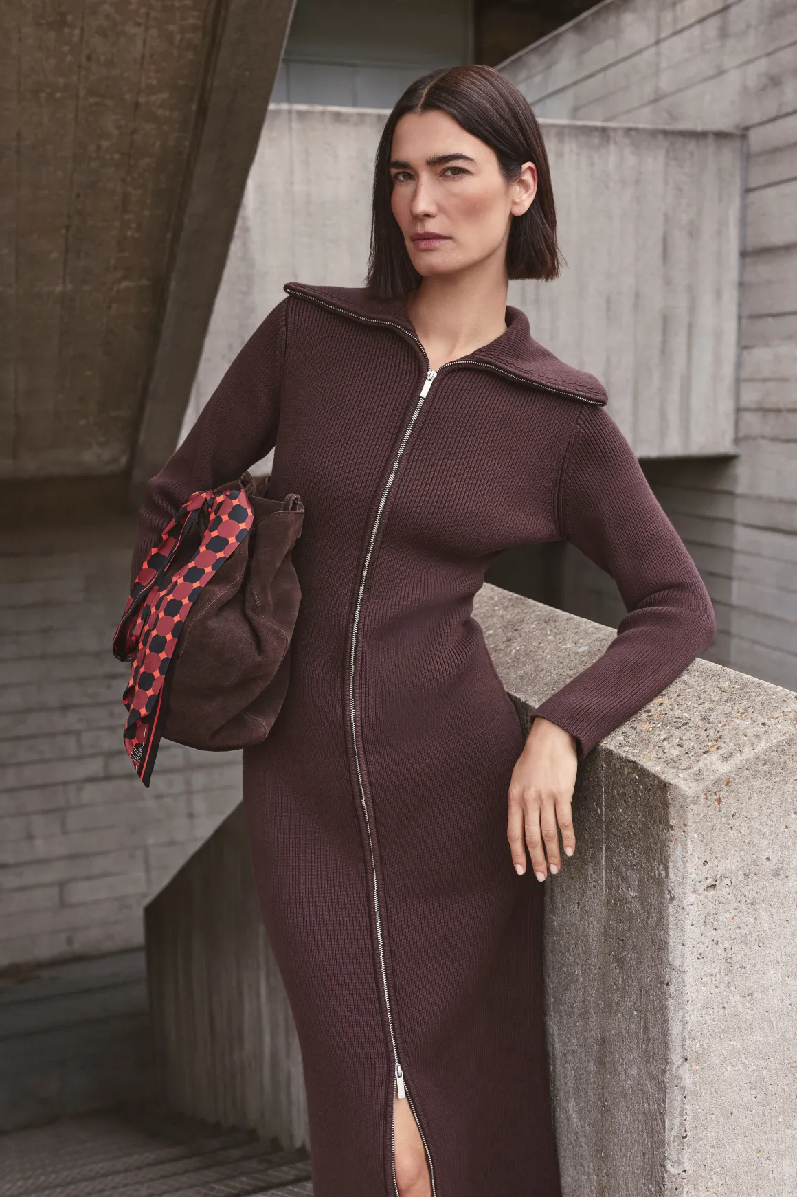 Robe Midi Tricotée En Coton Avec Col Zippé