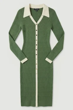 Robe Midi Tricotée en Viscose avec Détails Côtelés et Boutons Couleur Contrastante